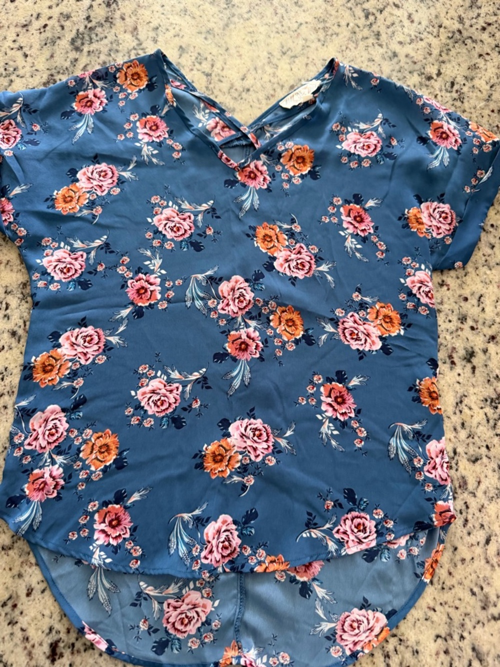 Pink Rose Teal Floral V-Neck Top with Pink & Orange Accents